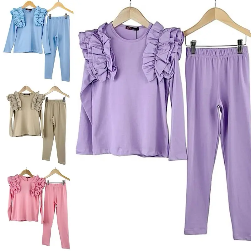 Gingerivy:  ROCHELLE ruffles frilly shoulder top with leggings trousers set in a stretch soft fabric kids clothes loungewear