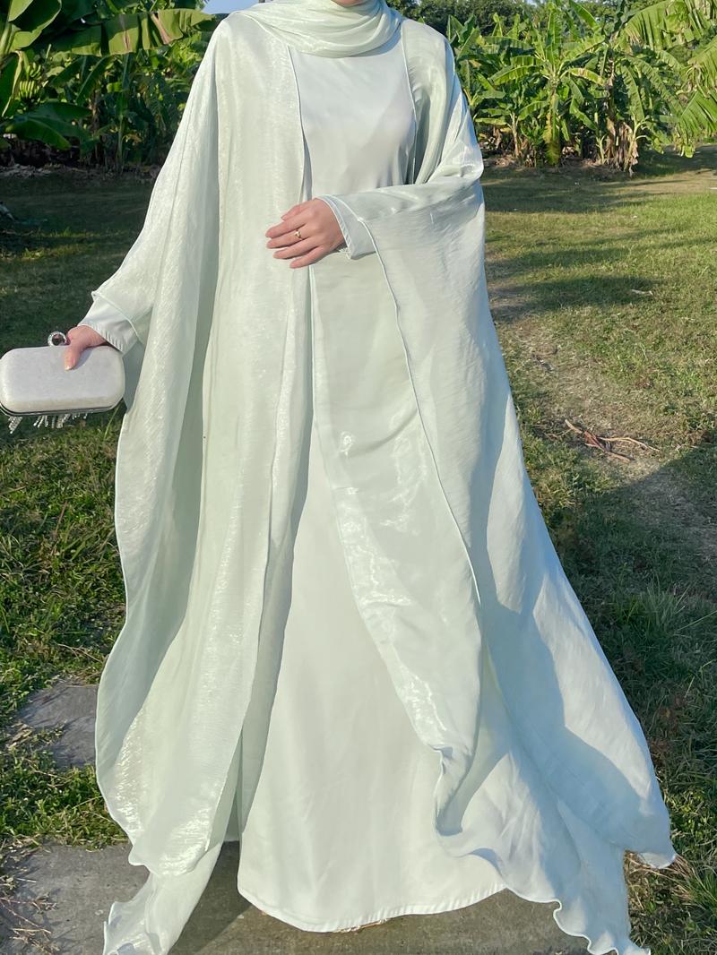 Product Introduction of #LY06  Ramadan Promotion Three-piece Elegant butterfly organza abaya set, shimmer abaya set with inner dress and hijab 12