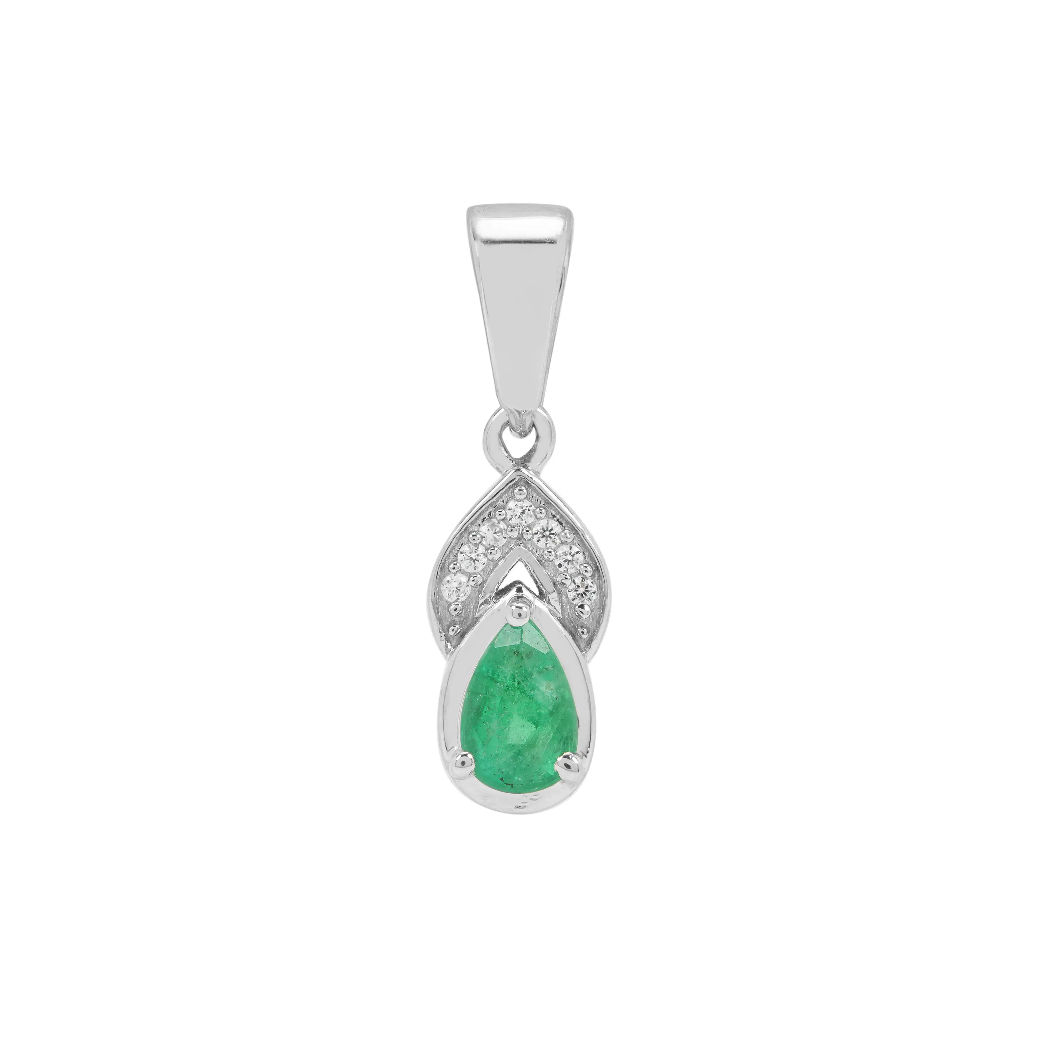 Zambian Emerald & White Zircon Platinum Plated Silver Pendant