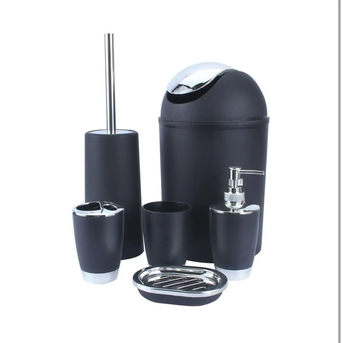 BATHROOM SET 6 PIECE ACCESSORY BIN SOAP DISH DISPENSER TUMBLER TOOTHBRUSH HOLDER (BLACK) Toilet