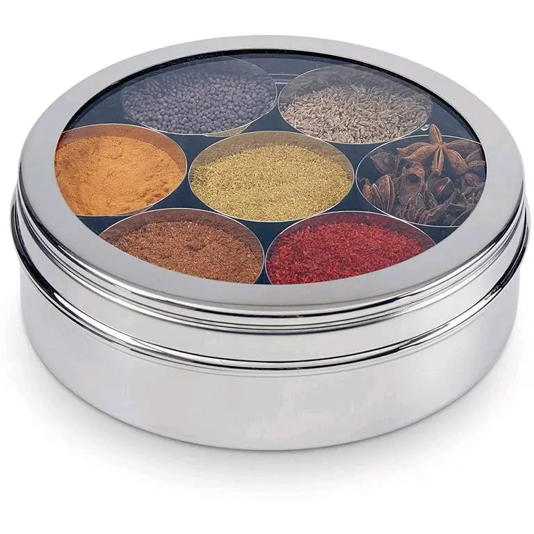 No.11 9pc Authentic Indian | Stainless Steel Spices Box | Masala Dabba Storage with See Through Clear Lid Kitchen Seasoning Utensil 1