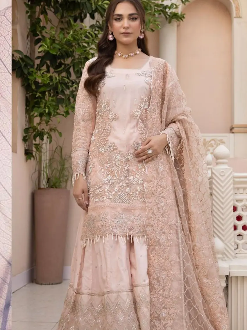 |S-1542 | - Simran Net Embroidered Kameez - Womenswear, Sharara, Heavy Embroidery, Luxury, Formal, Elegant, Comfortable Fabric Floral Dress