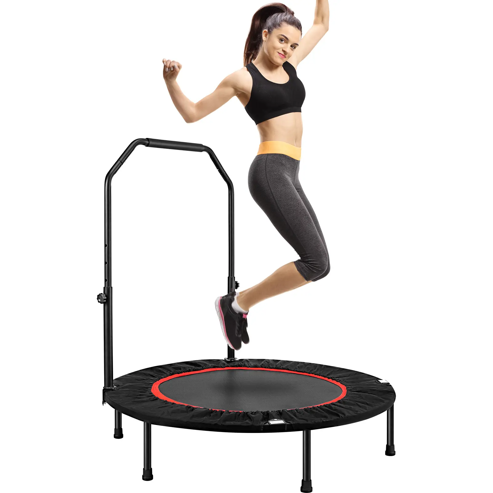 40 inch Foldable Fitness Trampoline Max Load 400lbs Foldable Exercise Rebounder with 4 level Adjustable Handrail Indoor Outdoor Fitness Body Exercise