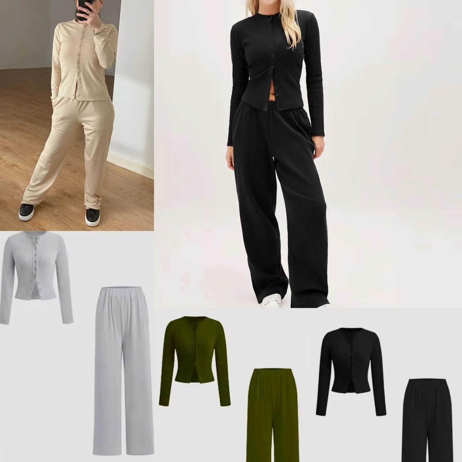 New Viral Women's Ribbed Front Button Long Sleeve Top Palazzo Trousers Lounge Wear Co ord Set