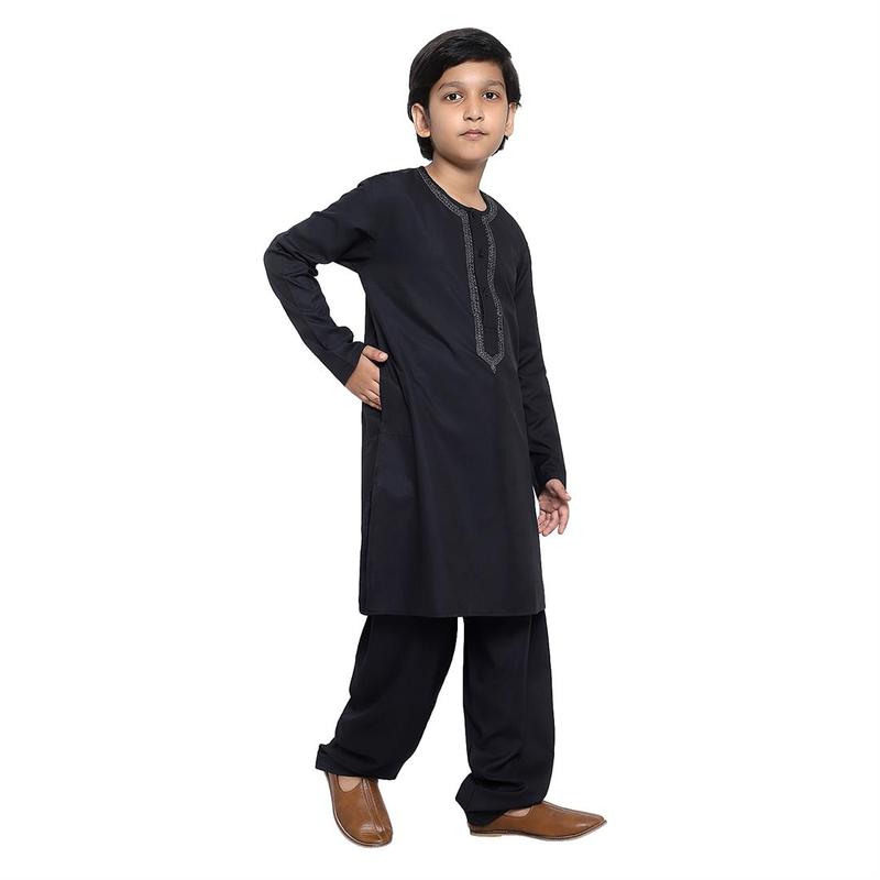 KIN-KG607-B - Boys Plain Kurta with Embroidery embellishment around neck and buttons area, comes with Shalwar. Ple 2
