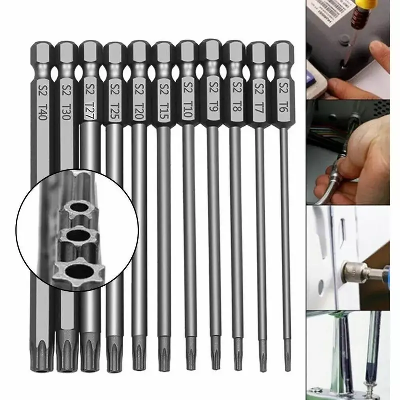 S2 T27/T25/T20/T15/T10/T9/T8/T7/T6 11-Pc Long Reach Torx Star Security Bit Set – Magnetic, Tamper-Proof, High-Precision, International Warranty 8