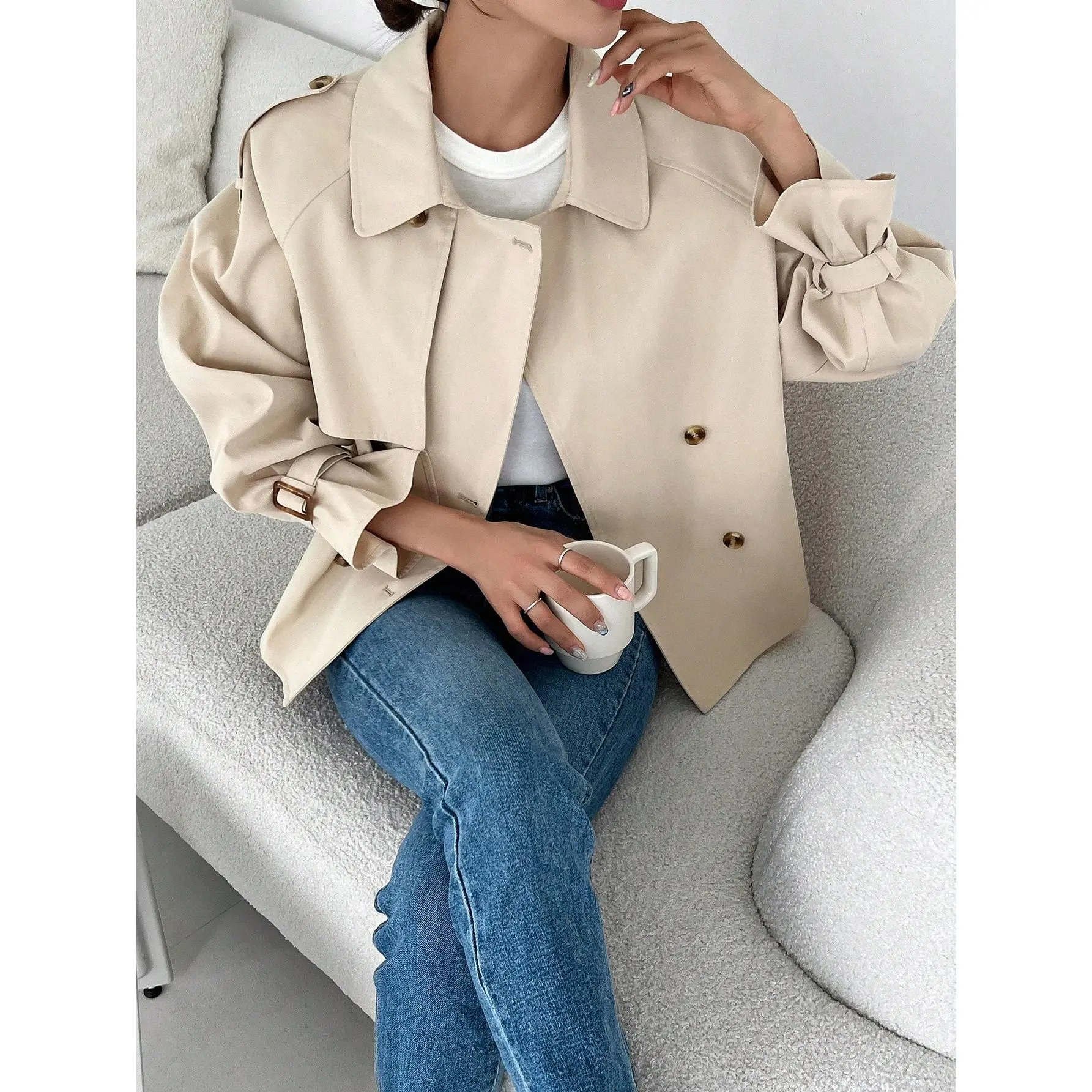 DAZY Raglan Sleeve Double Breasted Trench Coat Fabric Fit Womenswear Button Jackets Polyester Tops Collar Casual