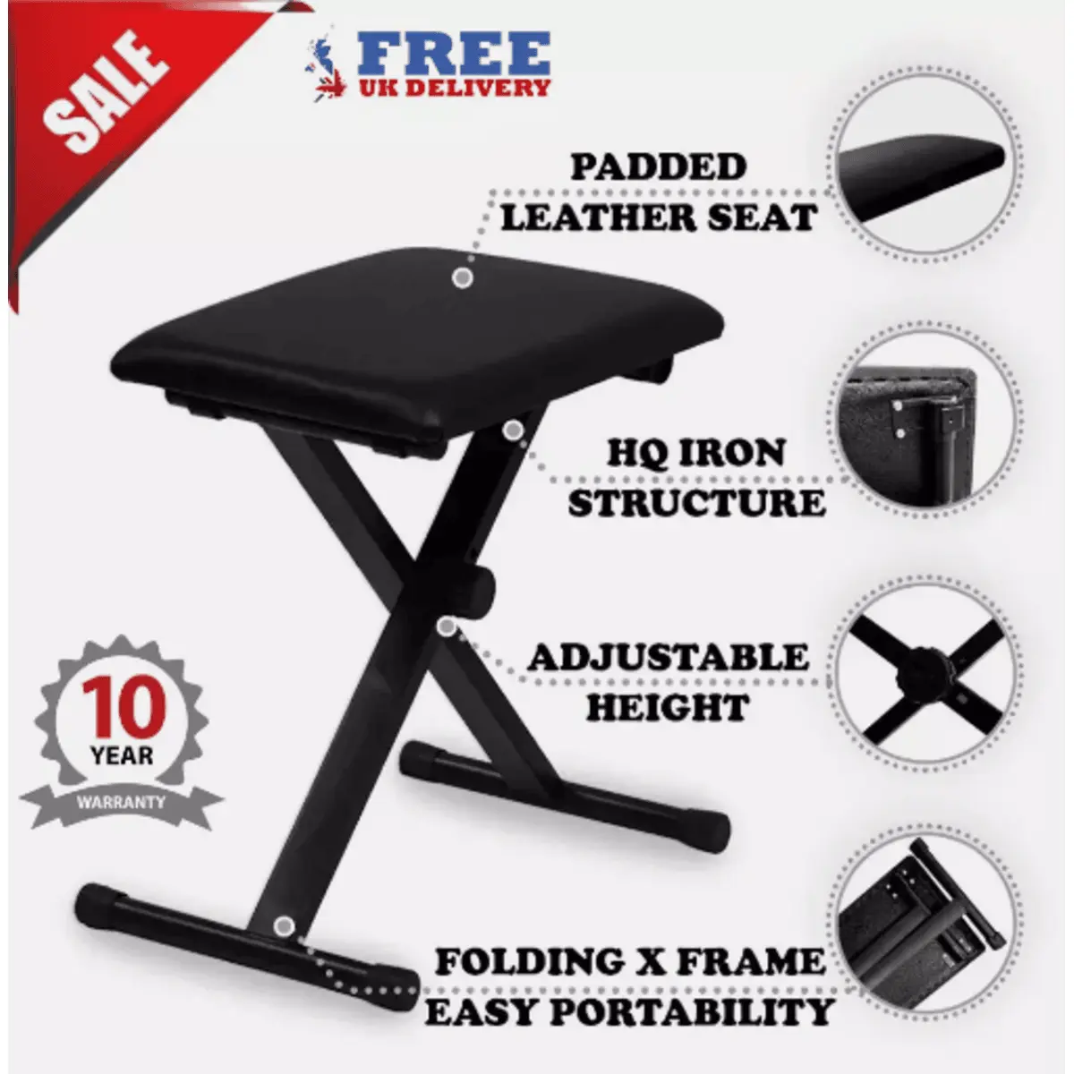 Adjustable Foldable Piano Stool with Padded Seat and Keyboard Stand
