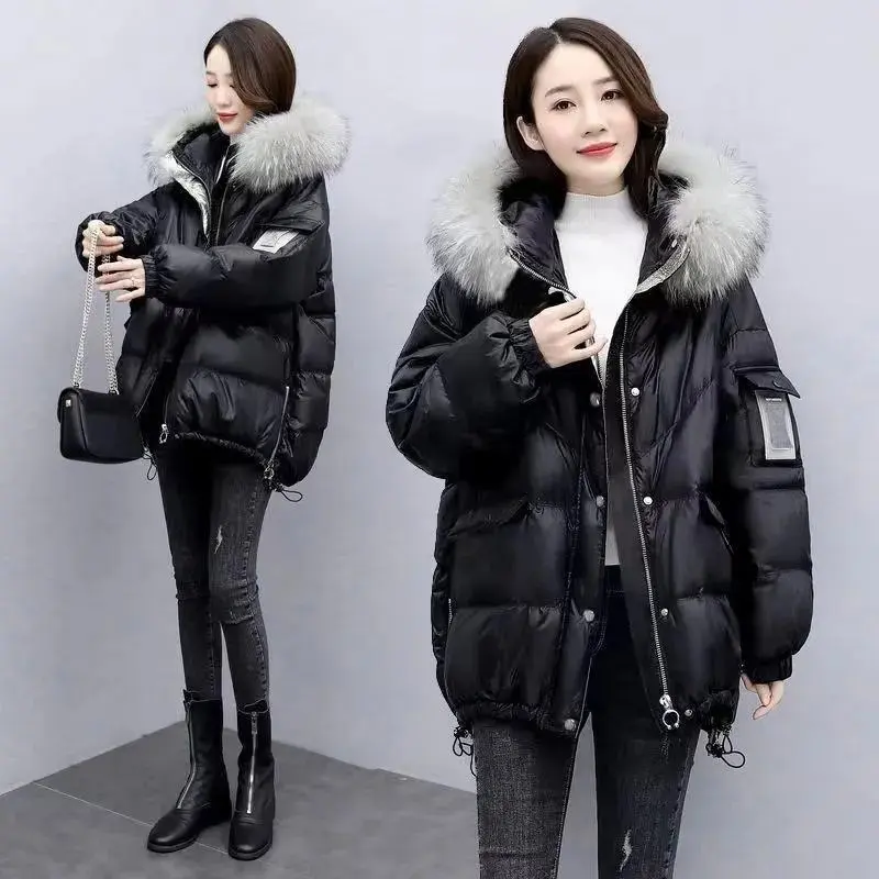 2025 Winter New Warm Down Cotton Jacket With Large Fur collar Hooded Coat Loose Women Thicken Parker Puffer Overcoat Casual wear 1