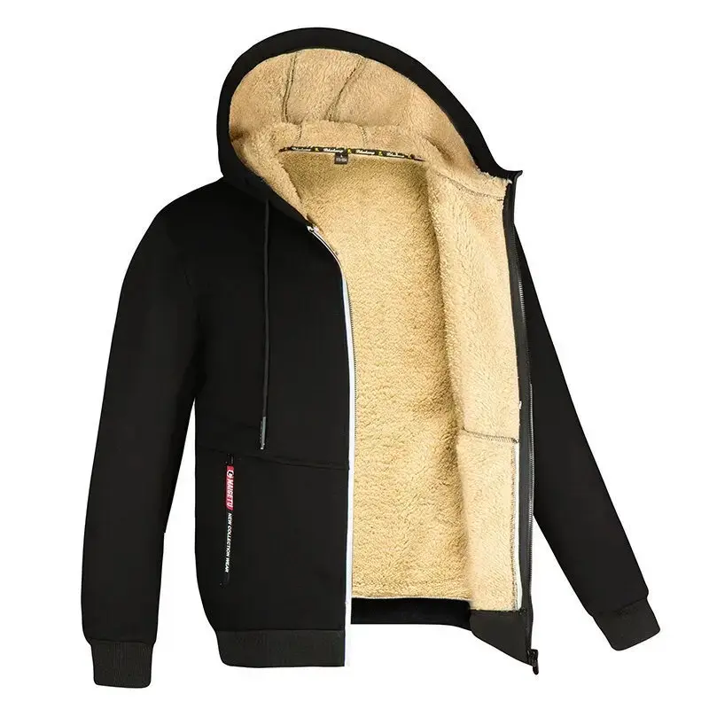 2024 New Lamb Fleece Men's Hoodie with Thickened Fleece for Autumn and Winter Hooded Sportswear Casual Cardigan and Warm Jacket Menswear Coats