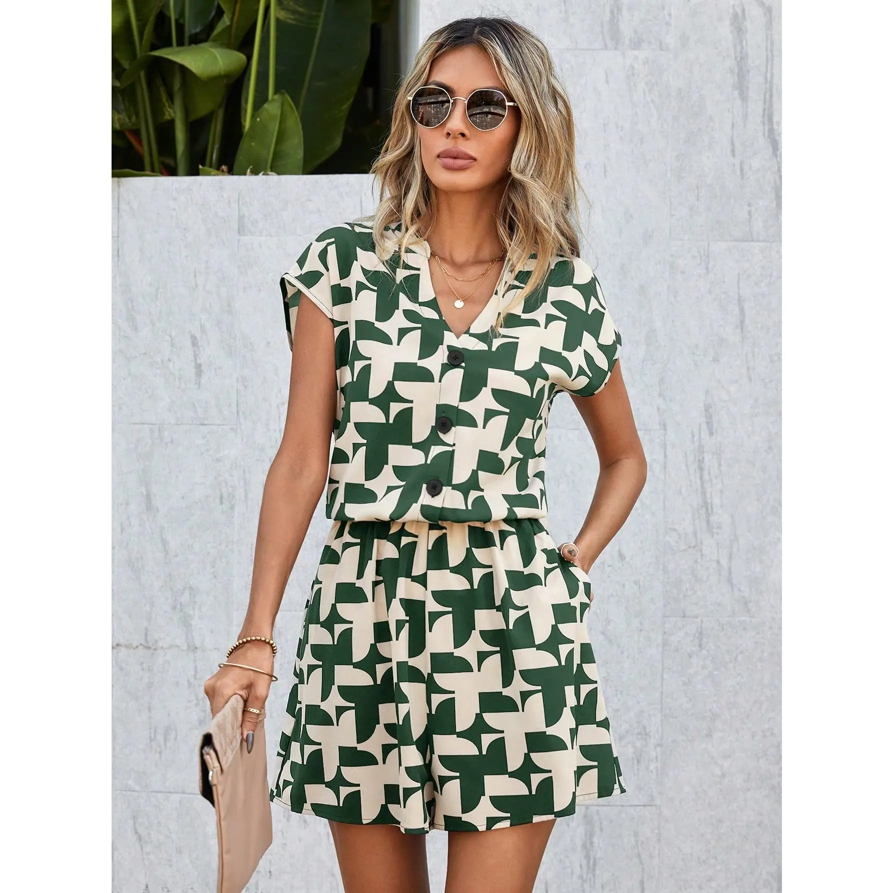 LUNE Women's Vacation Casual Surplice Neck Elastic Waist Jumpsuit In Random Prints
