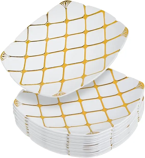 20 Pack Square Plates White Plate with Gold Design Multi-Use Hard Plastic Reusable Dinnerware Appetizer Salad & Dinner Plates (7" Plates)