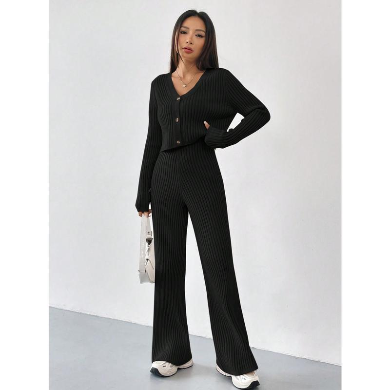 EZwear Autumn And Winter 2pcs/Set Women V-Neck Button Decor Contrast Color Long Sleeve Top And Knitted Long Pants Sweater Suit Clothes Fit Womenswear Comfort Fabric Gamis Trouser Casual Black 2