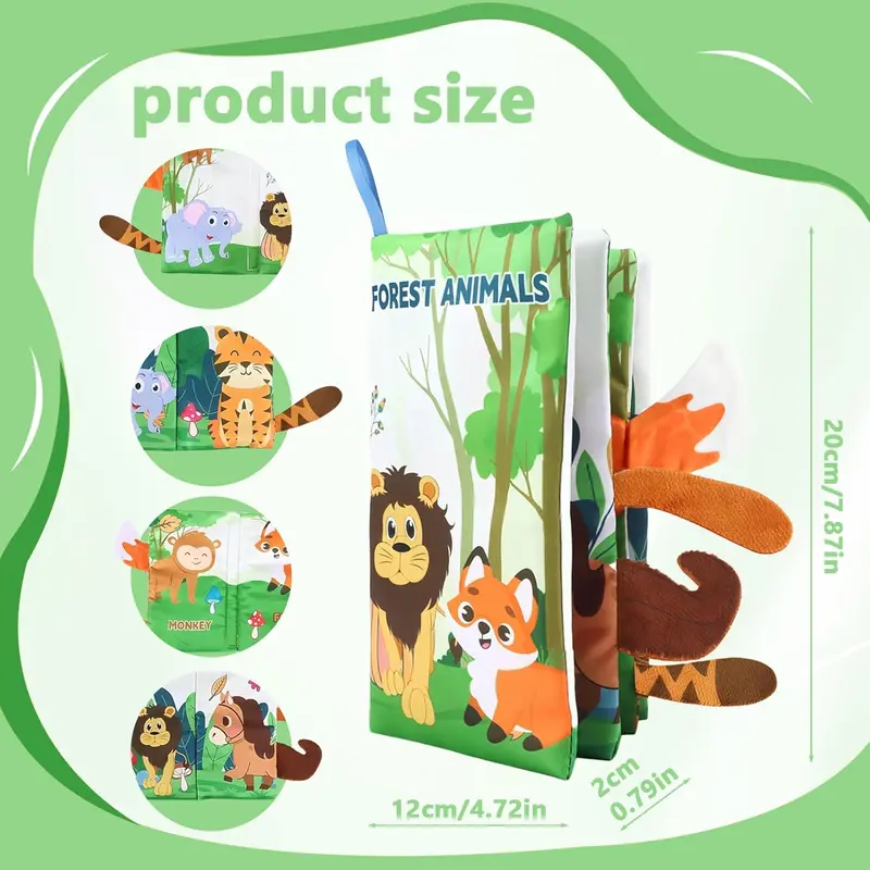 Baby Book Cloth Book Toys Jungle Tails Sensory Book Soft Fabric Crinkle Book Pram Book Early Development Interactive Newborn Gifts for 0 3 6 12 Months Boys Girls 1