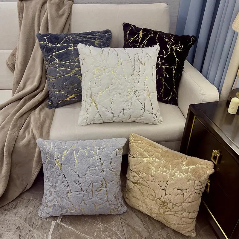 Set Of 2 - Luxury Soft Warm Faux Fur Cushions With Gold Marble Metallic Detail Throw Sofa Bed Pillow