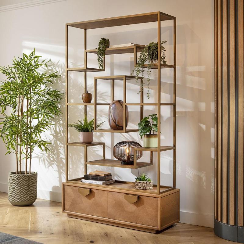 Hemingway Tall Shelving Unit Display Case Oak & Gold Brown 120x207cm 2