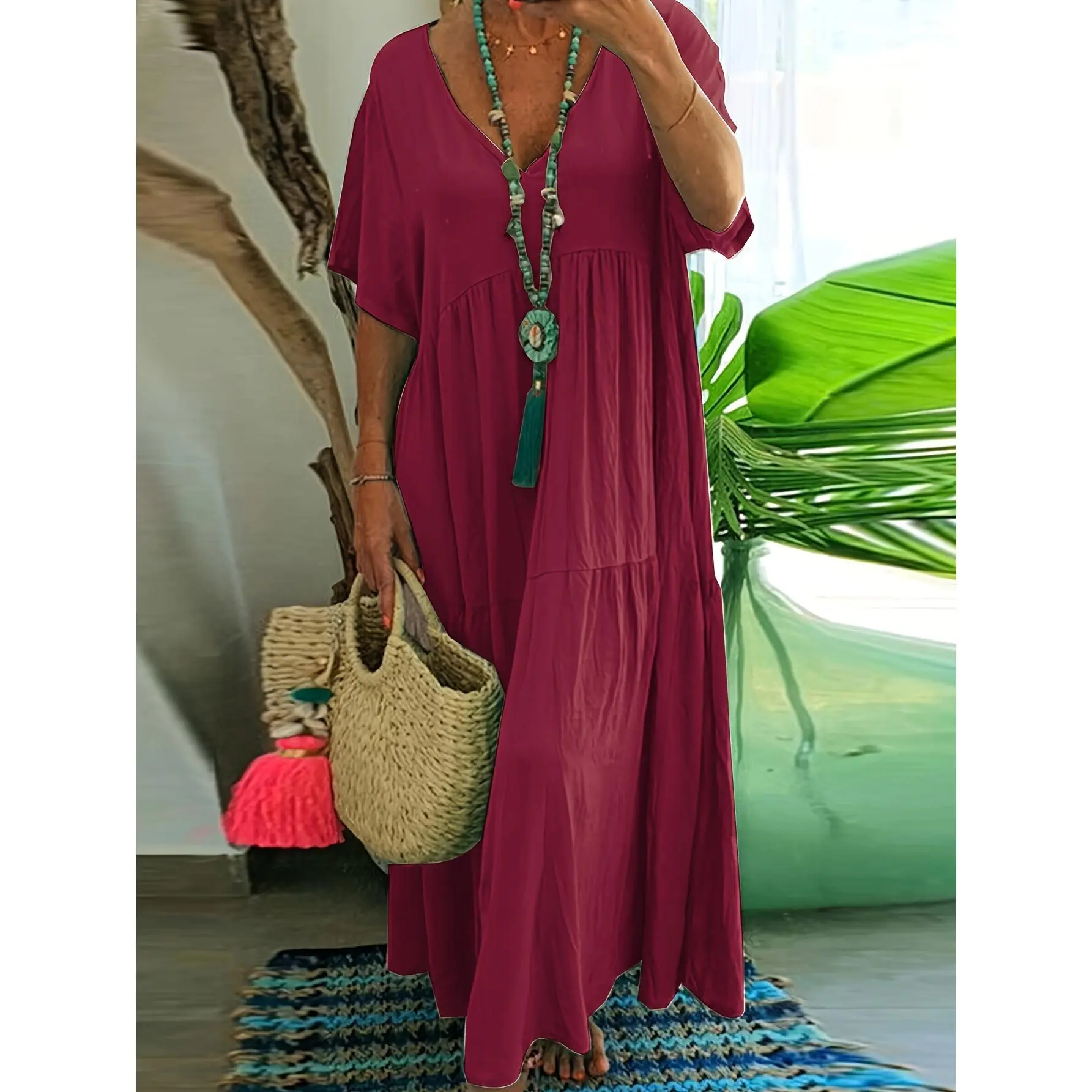 Plus Size Solid Ruched Tiered Dress, Casual Short Sleeve V Neck Loose Dress For Spring & Summer, Women's Plus Size Clothing