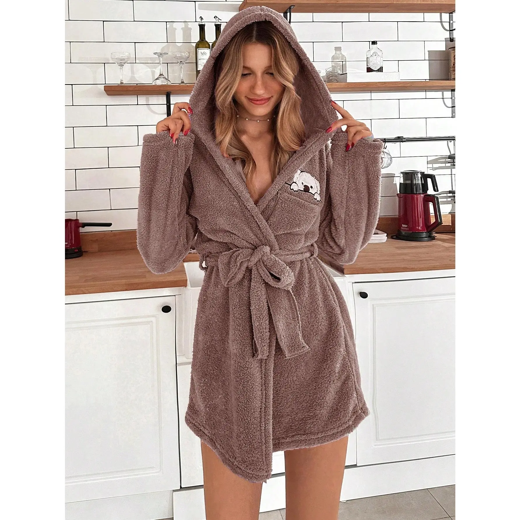 Cartoon Pattern Embellished Fleece Robe With Belted Waist And Pockets[S12] Long Sleeve Womenswear Fit Gowns Loungewear Nightwear Polyester Comfort Fabric girly  pjs t  nightwear