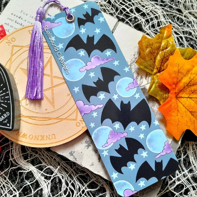 Bat And Moon Bookmark, 400gsm Quality Card, Halloween, Spooky, Book Lover Gift, Bookwork, Designed By Delilah Jones 2