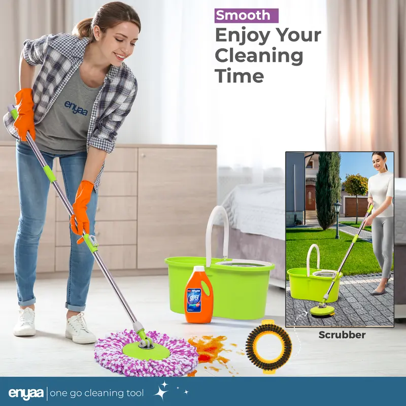 Enyaa Spin Mop Durable Stainless Steel Replacement handle + 2 Spare Microfiber Mop Heads for Rotating 360º Magic Spin Mop (Green) - MO-005 1