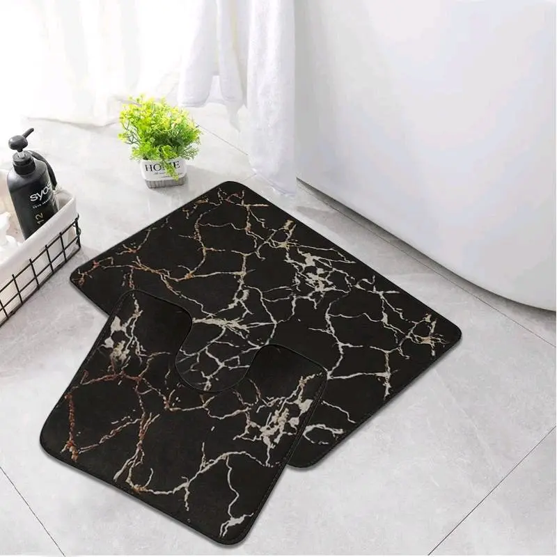 STUNNING LUXURY NON SLIP WATER RESISTANT 2 PIECE MARBLE EFFECT BATH MAT 50X80CM MAT AND TOILET COVER