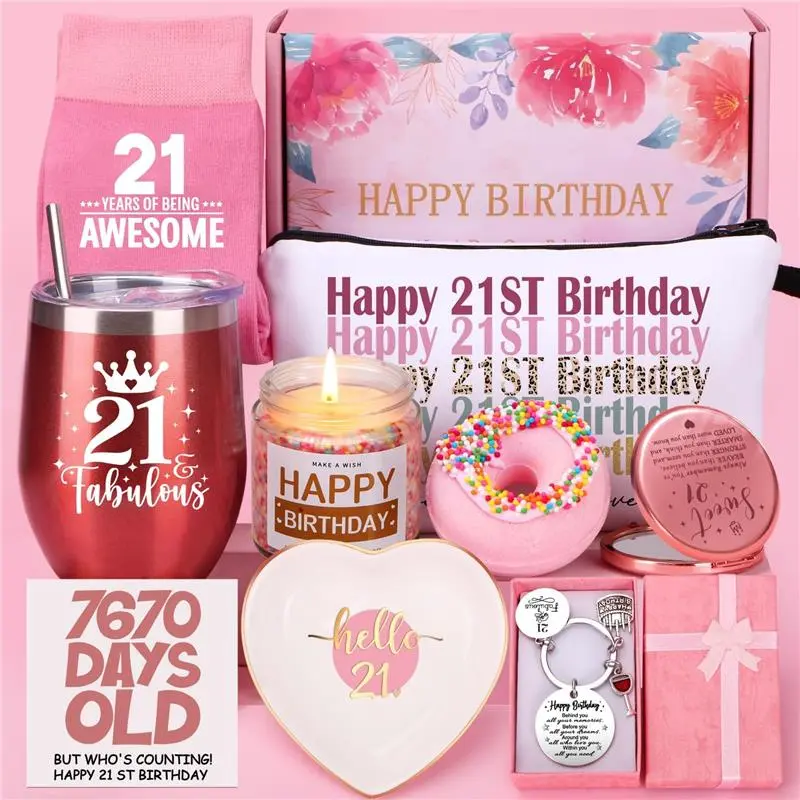 21st Birthday Gifts for Her, Happy 21st Birthday Hamper for Women, 21 Year Old Girl Birthday Gifts,Birthday Pamper Box for Best Friend Sister Daughter Turning 21, Personalised 21st Birthday Presents  Basket Flower Cotton Lavender