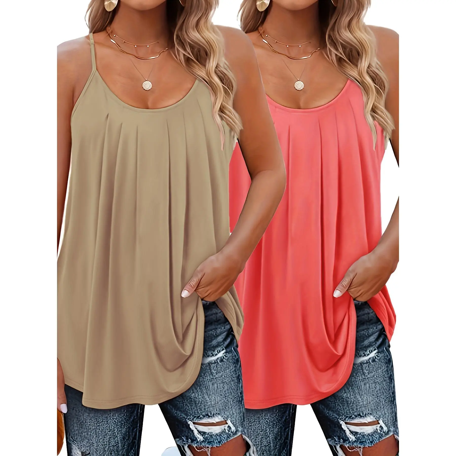 [Elegant Plus] 2-Pack Elegant Plus Size Tank Tops & Camis | Polyester Knit Fabric | Medium Stretch, Crew Neck, Solid Color, Slingback Design | for Spring/Summer