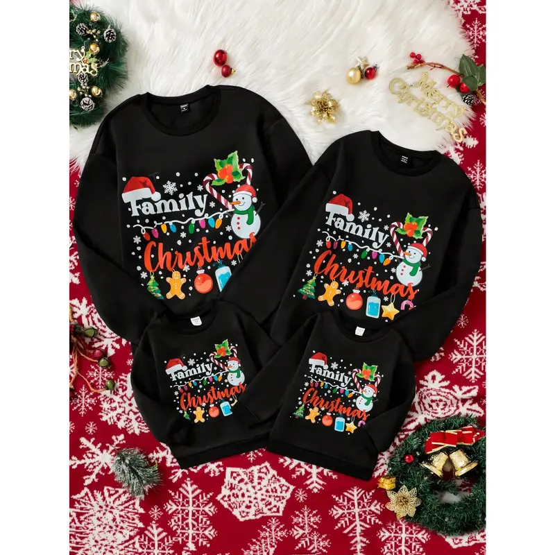 1pc Black Young Girl Thick Fleece Crew Neck Long Sleeve Sweatshirt With Snowman & Santa Hat Christmas Pattern, Suitable For Daily Wear, Parent-Child Activities And Christmas Party In Autumn & Winter 0