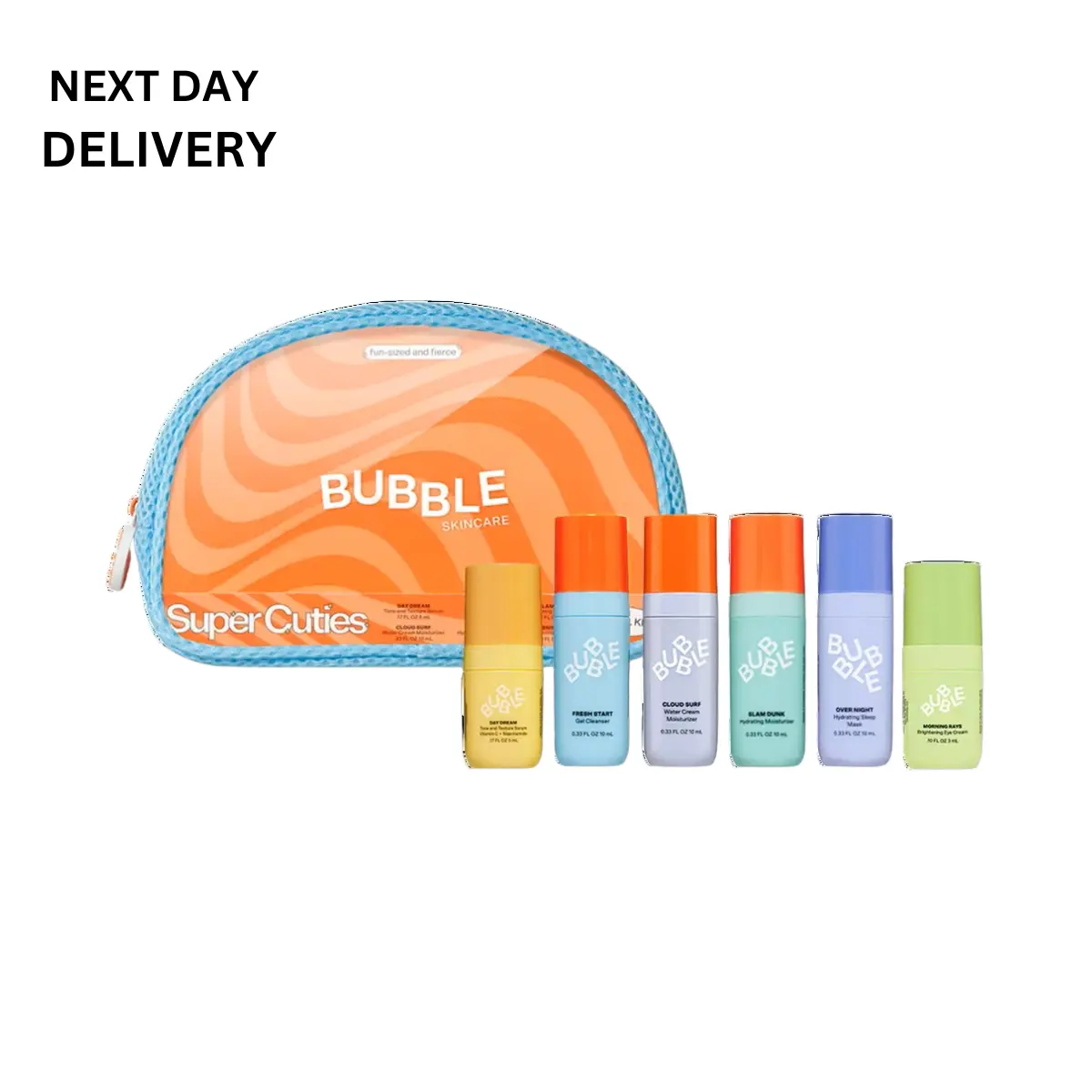 BUBBLE SKINCARE SUPER CUTIES TRIAL KIT- Fresh Start 10ml,Day Dream 5ml,Slam Dunk 10ml,Cloud Surf 10ml,Over Night 10ml,Morning Rays 5ml Set Aloe