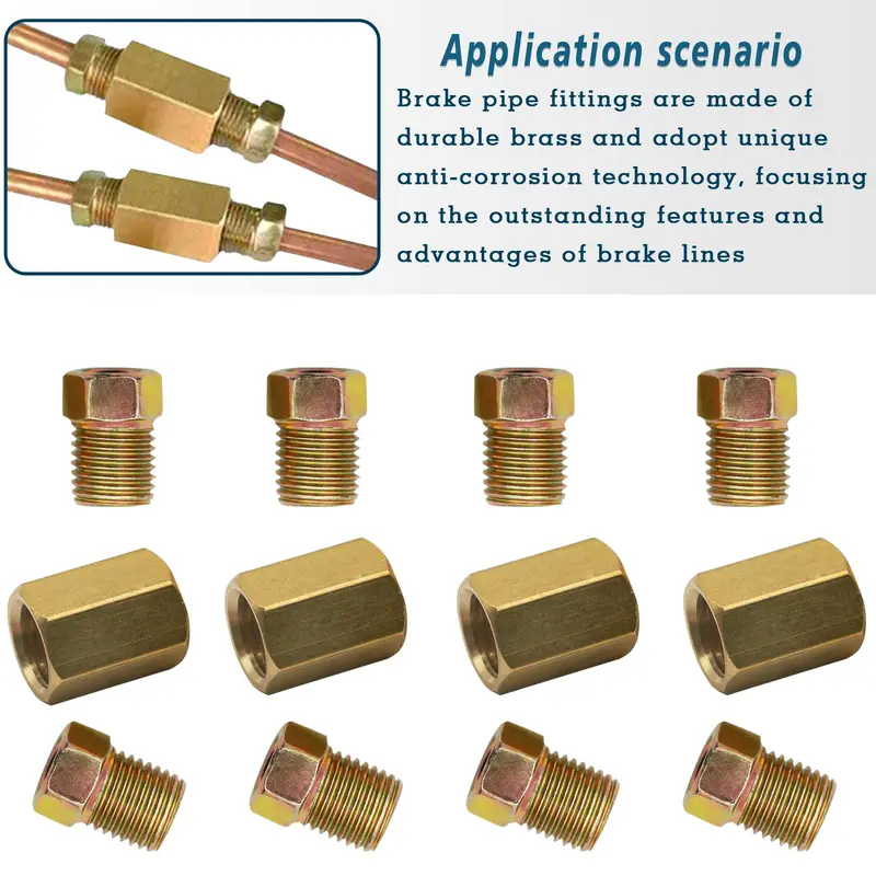 3/16" brake Line Brass Nut Fittings Set,4 Unions & 8 Nuts for SAE Inverted Flaring Brake Pipe (4.75mm) 3