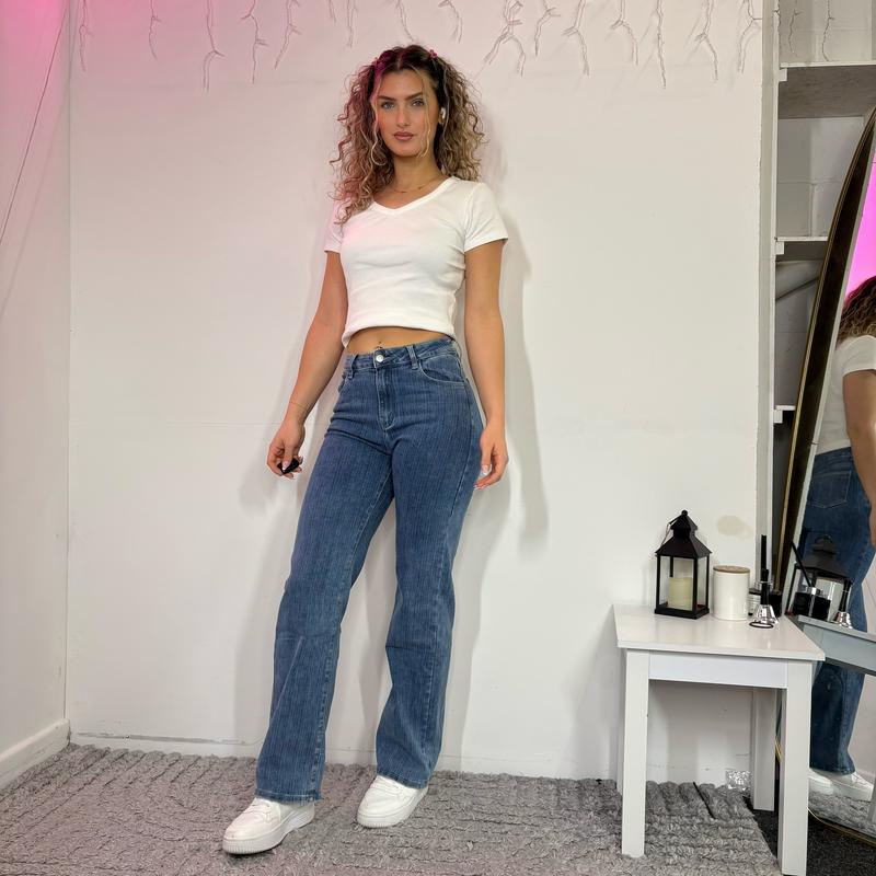 [HouseOfTrendz] HOLLY Straight Leg Corduroy Effect Denim Jeans 31" Inside Leg - Dad Fit High Waisted Denim Super Stretch Comfortable Girls  jeans Casual Striped 8