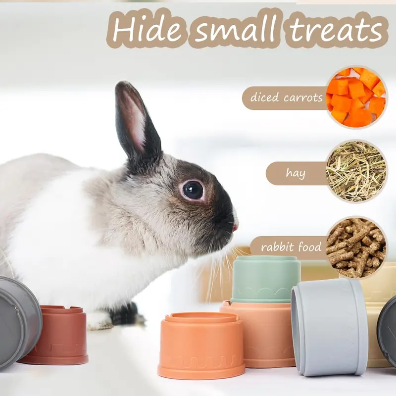 WALLFID 8 PCS Stacking Cups for Rabbits-Bunny Toys for Hiding Food and Playtime Fun,BPA-Free Safe Plastic Pet Toys,Multi-Coloured and Various Sizes 1