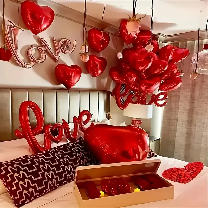 1 Set of Romantic  Red Heart Ballons and 500 Rose Petals  Set, 20 Foil Heart Ballons, Rose Petal Accents for  Proposals, Wedding Engagement Birthday, Anniversary Party Supplies - Aluminum Film, No Electricity party bags Decoration whips.helium  balloon