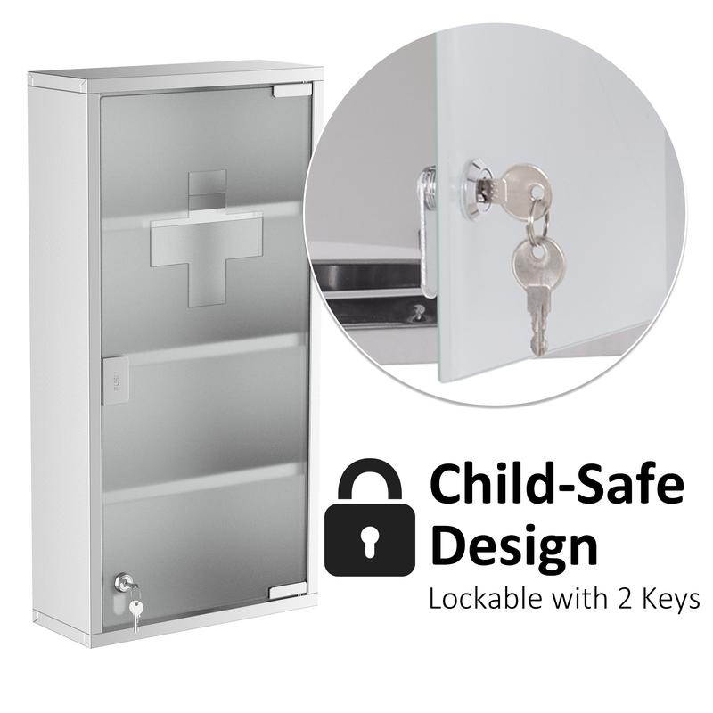 HOMCOM 4 Tier Stainless Steel Wall Mounted Medicine Cabinet Glass Lockable Door Storage Shelves Houseware Bathroom Furniture 60Hx30Wx12D(cm) w/2 Keys 4