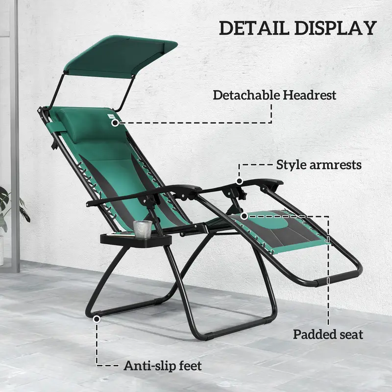 Outsunny Zero Gravity Lounger Chair, Folding Reclining Patio Chair with Shade Cover, Padded Seat, Cup Holder, Soft Cushion and Headrest for Poolside, Camping, Green 4