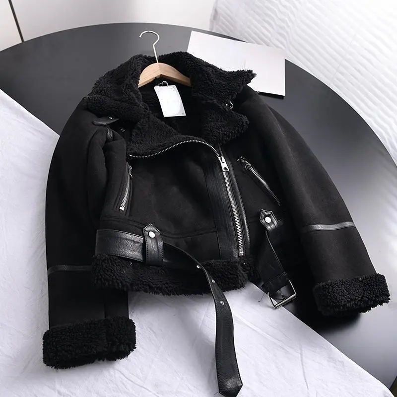 2025 Winter Women Thick Warm Suede Lamb Jacket Short Motorcycle Brown Coats Faux Shearling Sheepskin Leather Jackets Outwear