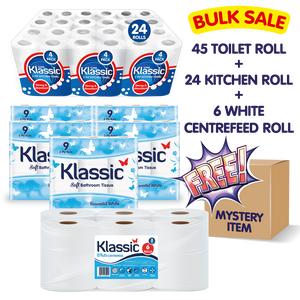 45 x Toilet Roll, 24 x  Kitchen Roll, 6 x White Roll + FREE Mystery Item , 3 PLY Flushable and Soft Toilet Roll (5 x9 Pack), 2PLY Durable and multi-purpose Kitchen roll/towel/sheets (5 x9 Pack), 2PLY Multi-Purpose Centre-feed white Rolls (1 x 6 Pack)