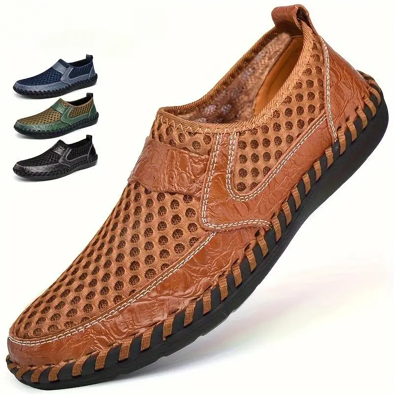 Men's Solid Casual Mesh Loafers, Breathable Non Slip Slip On Shoes For Outdoor Walking And Driving, Spring Summer And Autumn Footwear Boy Walking Shoes Slipon Flat Comfort Arch Bedroom Tactical