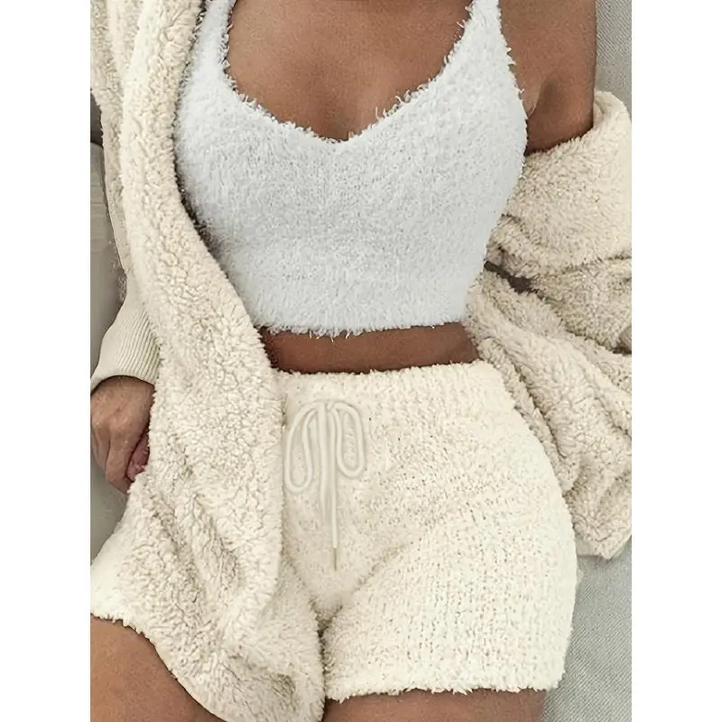【2025】Warm Fuzzy Pajama Set, Long Sleeve Hooded Robe & Tank Top & Drawstring Shorts, Women's Sleepwear & Loungewear 1