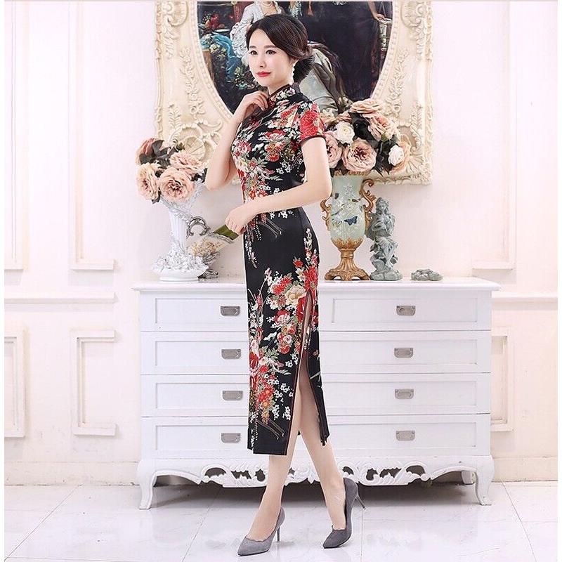 New Luxurious Black Satin Floral Chinese Long Dress Cheongsam Qipao lcdress195 3