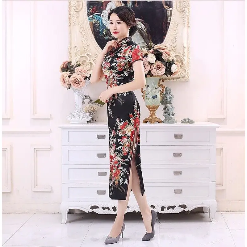 New Luxurious Black Satin Floral Chinese Long Dress Cheongsam Qipao lcdress195 3