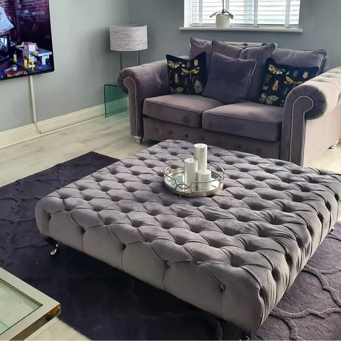 TopNotch Furnishers Large Coffee Table 30Inch x 30Inch x 12Inch - Deep Buttoned Chesterfield Footstool In Grey Plush Velvet Sturdy