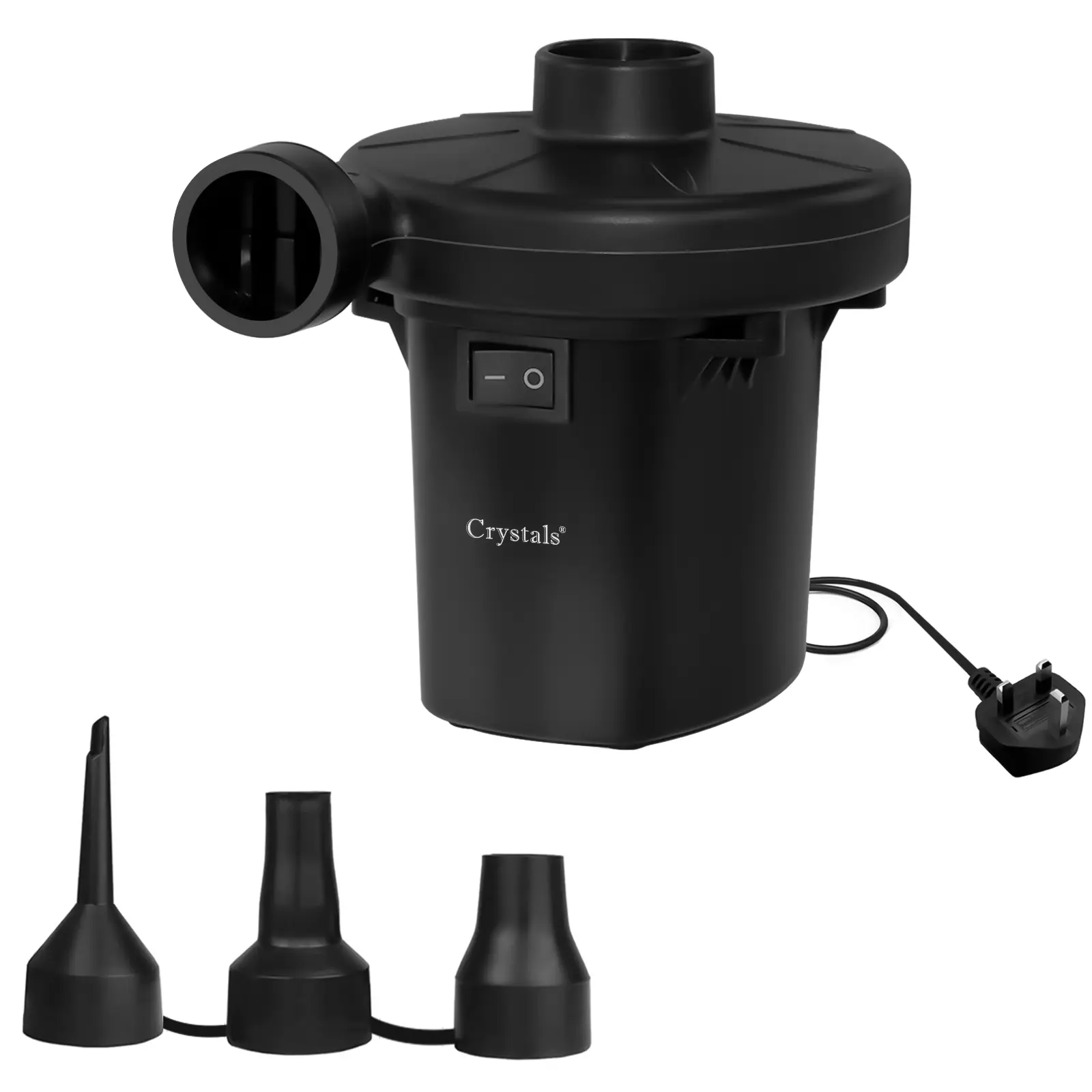 Crystals Electric Air Pump High Power with UK Plug and 3 Valve Adaptors - Inflates and Deflates Airbeds, Paddling Pools and More