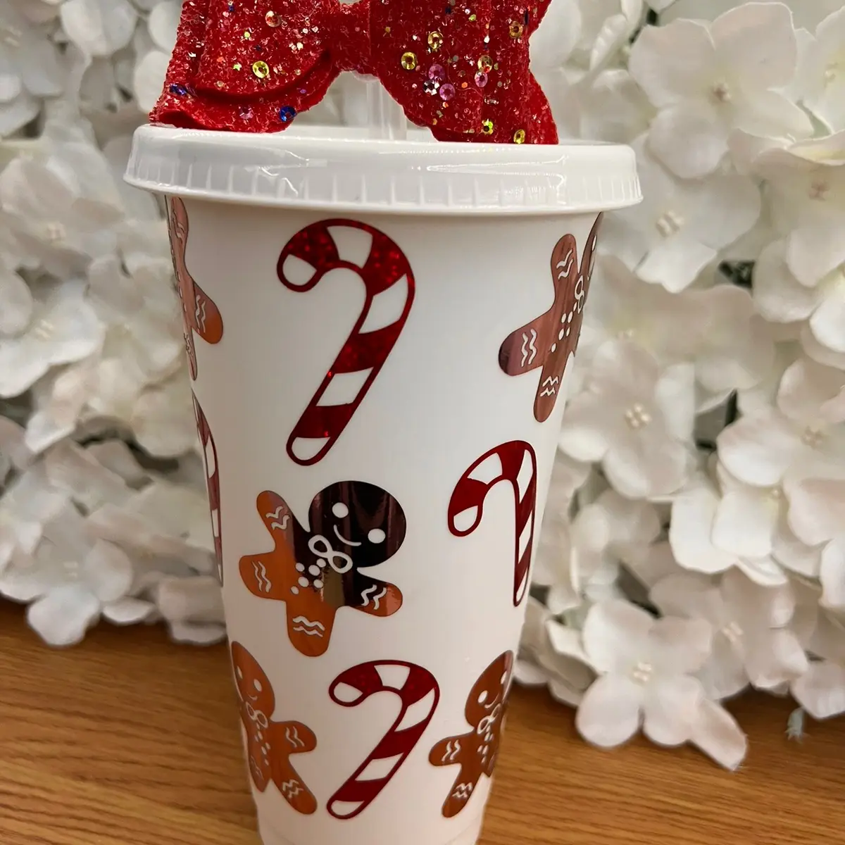 Ginger bread man and candy cane cold cup with, lid, straw and red straw topper