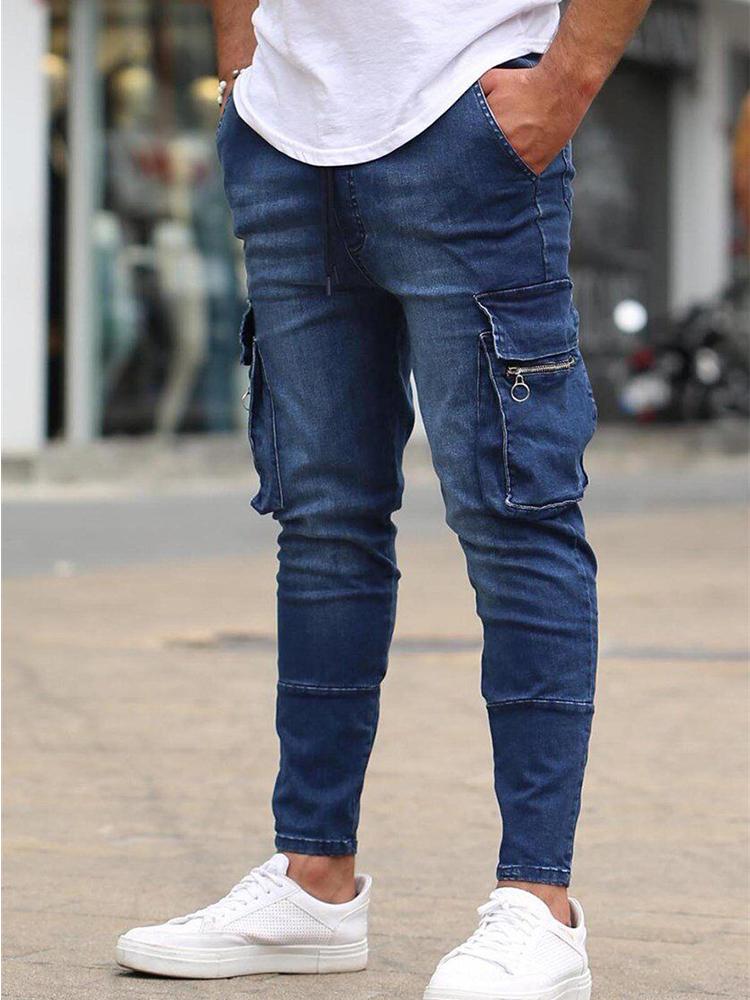 Product Introduction of Spring Autumn Winter Men's Stretch Jeans Black Large Side Pocket Worker Jeans Fashion Zipper Skinny Jeans Stretch Jogging Pants Menswear Streetwear Trouser Denim 6