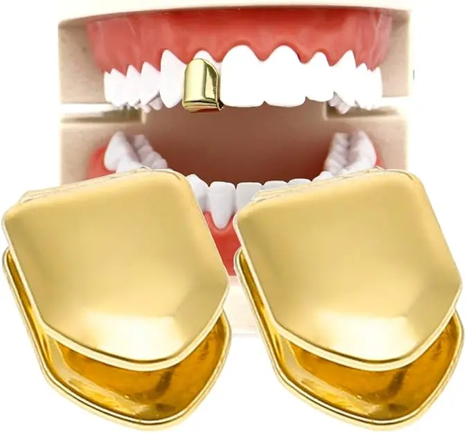 HuiYouHui 2 Pieces 14K Plated Gold Grillz Mouth Teeth, Hip Hop Teeth Plain, Top Tooth Single Grill Cap for Teeth Mouth, Party Accessories Teeth Grills (Color : Gold) Oral Pack