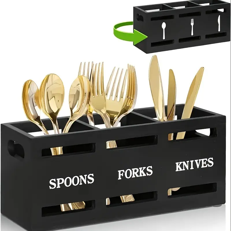 Rustic Wooden Kitchen Utensil Holder with Sturdy Iron Handle - 3-Compartment Organizer for Spoons, Forks, Knives - Perfect for Home & Restaurant Storage Kitchen Knives Knife Classic Black 0