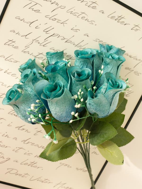 Valentine’s Day Decor Artificial Velvet Rose bud, 1 Piece 12 heads Colorful Faux Flower Bouquet, Artificial Flowers for Wedding and Home Decoration 4