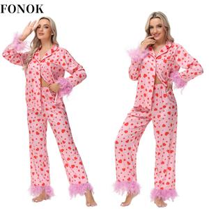 【FONOK】 1SET（2PCS）2024 Valentine's Day Pajamas V-neck Button Long Sleeve Top Sweetheart Love Printed Leisure Ladies Set Pajamas Comfort Loungewear Nightwear Womenswear matching pjs multicoloured heart pink heart