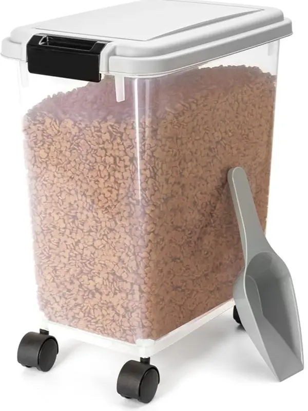 Dog Food Storage, 20L/7.5KG Airtight Pet Food Storage Container with Wheels and Measuring Scoop, Safe & Eco, Flip-Up Lid Dog Cat Animal Dry Food Seed Dispenser Plastic Bin Large Transparent 0